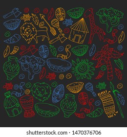 Vector african tribal pattern for banner and posters. Icons of animals and traditional elements for children fabric, clothes, textile. Travel and adventure