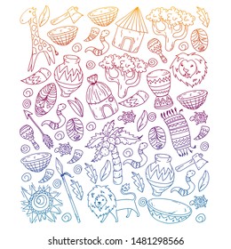 Vector african tribal pattern for banner and posters. Icons of animals and traditional elements for children fabric, clothes, textile. Travel and adventure