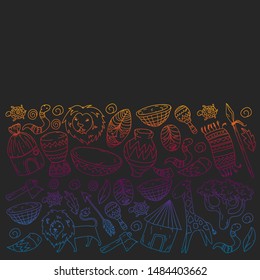 Vector african tribal pattern for banner and posters. Icons of animals and traditional elements for children fabric, clothes, textile. Travel and adventure