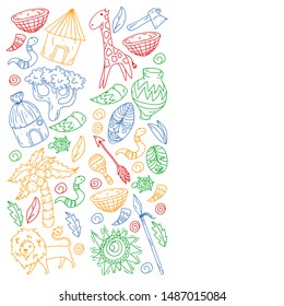 Vector african tribal pattern for banner and posters. Icons of animals and traditional elements for children fabric, clothes, textile. Travel and adventure