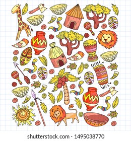 Vector african tribal pattern for banner and posters. Icons of animals and traditional elements for children fabric, clothes, textile. Travel and adventure