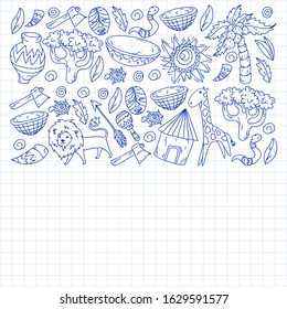 Vector african tribal pattern for banner and posters. Icons of animals and traditional elements for children fabric, clothes, textile. Travel and adventure