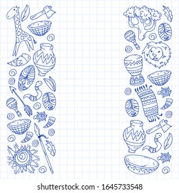 Vector african tribal pattern for banner and posters. Icons of animals and traditional elements for children fabric, clothes, textile. Travel and adventure