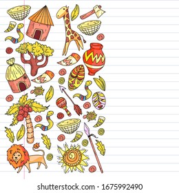 Vector african tribal pattern for banner and posters. Icons of animals and traditional elements for children fabric, clothes, textile. Travel and adventure