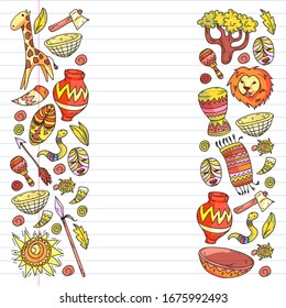 Vector african tribal pattern for banner and posters. Icons of animals and traditional elements for children fabric, clothes, textile. Travel and adventure