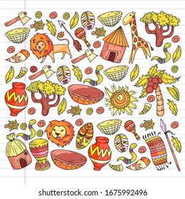Vector african tribal pattern for banner and posters. Icons of animals and traditional elements for children fabric, clothes, textile. Travel and adventure