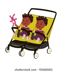 Vector african twins baby girl on perambulator white background isolated.