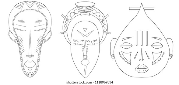 Vector african uncolored masks. Can be used as adult coloring book. Set of ethnic masks.