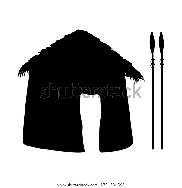 Vector of African village\
icons. A silhouette of an African house with a thatched roof\
isolated on a white background. Mud hut and African hunting spear\
tool icons.