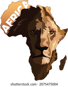 Vector of African wildlife, lion face in africa map