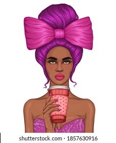 Vector African Woman With A Bundle Of Crimson Hair Pinned With A Big Pink Bow. Attractive Glamour Model In Crimson Colors Hold A Travel Thermo Mug For Take Away Hot Drink Coffee Or Tea. Design T-shirt