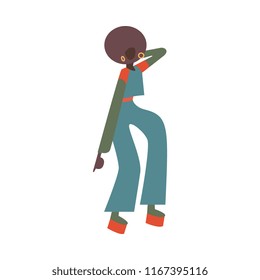 Vector African Woman Dancing In Retro 70s Disco Style. Flat Silhouette Illustration With Attractive Black Girl At Vintage 80s Party. Female Dancer Character, Isolated Illustration.