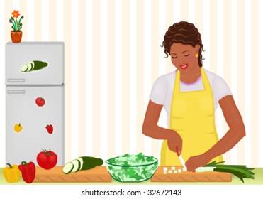 Vector African woman preparing salad in the kitchen