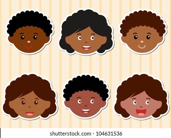 Vector of African-American girl, woman, kid, female, boy, man, male with black brown hair. A set of cute and colorful head icon collection on beige background