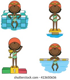 Vector African-American swimmer girls in different situations in the pool: standing on the starting platform and on the winner's podium with the cup, resting on the lane dividing rope