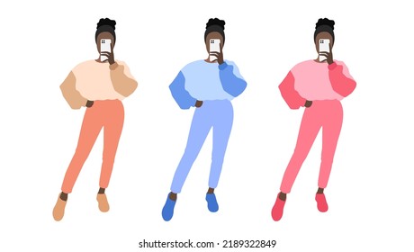 Vector afro american woman character make photo on smartphone. Isolated casual woman illustration. Modern style female flat portrait. Cute girl photography on smartphone for social media. Cartoon girl