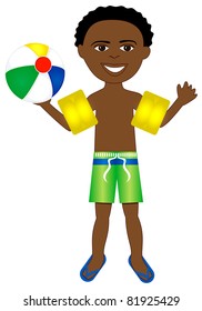 Vector of afro boy in swimsuit with arm floats and beach ball.
