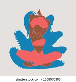 Vector of an afro fitness girl doing stretching. After sports, stretching exercises. Yoga time.