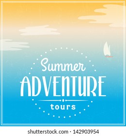 vector aged travel card excursion drive classic holiday summer earth star boat landscape palm tour isolated conceptual trip frigate background scene tourism blue sky sight clouds subtropical dirt ocea