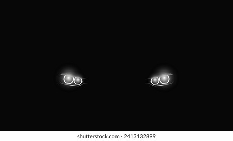 Vector aggressive modern car headlights glowing in complete darkness. The contours and outlines of the headlights from the car on a black background.