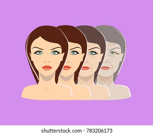 Vector aging process. Four stages of face changing on the purple background