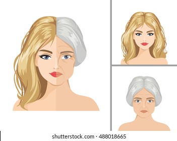 Vector aging process. Young girl and older woman