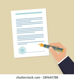 Vector agreement icon - flat illustration - hand signing contract  on white paper