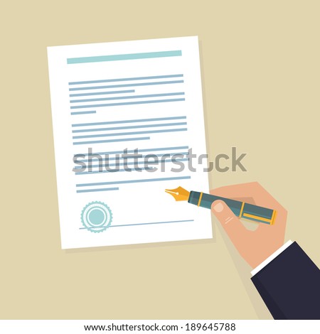 Vector agreement icon - flat illustration - hand signing contract  on white paper