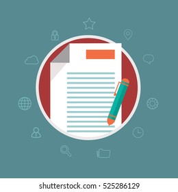 Vector agreement icon in flat style - contract and pen.
