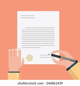 Vector agreement icon - hand signing contract on white paper