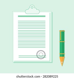 Vector agreement iillustration.
Contract on white paper and pen.