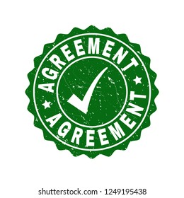 Vector Agreement scratched stamp seal with tick inside. Green Agreement imprint with draft surface. Round rubber stamp imprint.