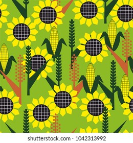 Vector agricultural pattern with sunflower, weat, corn and barley