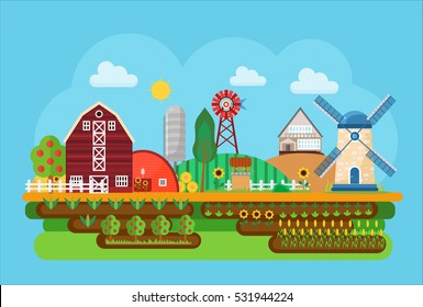 Vector agricultural village landscape flat concept illustration. Little agriculture town