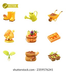 Vector agriculture, farming and gardening icon set. Rubber boots, watering can, wheelbarrow with soil, fruits and vegetables harvest, seedlings