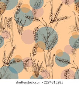 Vector Agriculture Seamless Pattern. Wheat field, seamless texture pattern with hand drawn ears, vector abstract illustration in vintage style.