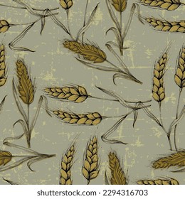 Vector Agriculture Seamless Pattern. Wheat field, seamless texture pattern with hand drawn ears, vector abstract illustration in vintage style.