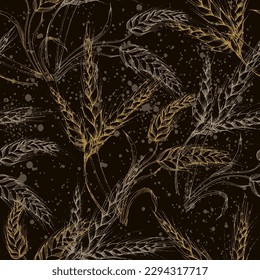 Vector Agriculture Seamless Pattern. Wheat field, seamless texture pattern with hand drawn ears, vector abstract illustration in vintage style.
