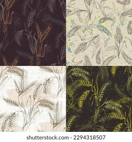 Vector Agriculture Seamless Pattern. Wheat field, seamless texture pattern with hand drawn ears, vector abstract illustration in vintage style.