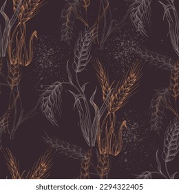 Vektor Landwirtschaft Nahtlose Muster. Weizenfeld, nahtlose Texturmuster mit handgezeichneten Ohren, Vektorgrafik abstrakter Art im Vintage-Stil.