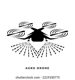 Vector agro drone con spray gotas diseño logo. Cuadcopter Agrotecnológico con tratamiento aéreo del campo con herbicidas o fertilizante.