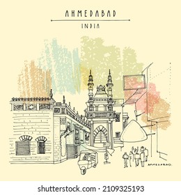 Vector Ahmedabad, Gujarat, Indien künstlerische Postkarte. Eine Moschee in der Nähe der Gandhi-Straße. Alte Gebäude und Rickshaw (Riksha, Tul Tuk). Reiseskizze. Vintage-handgezeichnetes Touristenposter, Broschüre