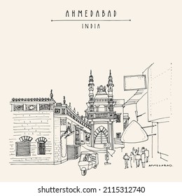 Vector Ahmedabad, Gujarat, India Artistic Postcard. A Mosque Near Gandhi Road. Old Buildings And Rickshaw (riksha, Tul Tuk). Travel Sketch. Vintage Hand Drawn Touristic Poster, Brochure Illustration