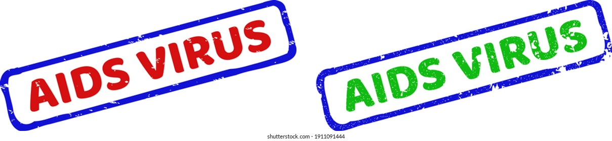 Vector AIDS VIRUS framed rubber imitations with distress surface. Rough bicolor rectangle seal stamps. Red, blue, green colors used.