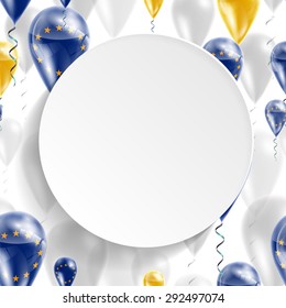 Vector air balloons festive pattern with European Union flag. Celebration and gifts. Paper circle on white background. Independence Day