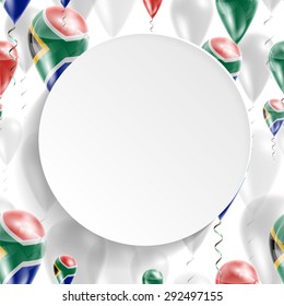 Vector air balloons festive pattern with Flag of South Africa. Celebration and gifts. Paper circle on white background. Independence Day