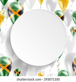 Vector air balloons festive pattern with Flag of Jamaica. Celebration and gifts. Paper circle on white background. Independence Day