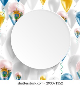 Vector air balloons festive pattern with Flag of San Marino. Celebration and gifts. Paper circle on white background. Independence Day. 