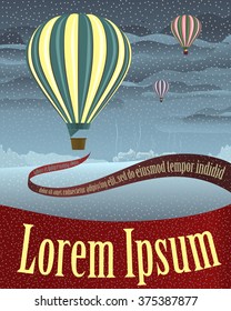 Vector of Air Balloons with waving Tape flying in the air. Vertical winter scene. Place for your text on the tape. Usage: poster for an event, festival, invitation, banner, advertisement, greeting etc