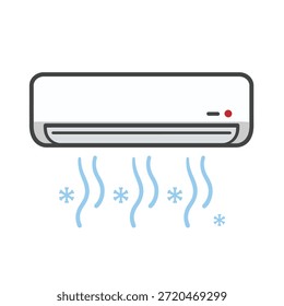 Ícone de ar condicionado vetor soprando ar azul frio com flocos de neve, unidade branca com luz vermelha. Ilustração vetorial limpa para resfriamento, controle climático, conceitos de verão.